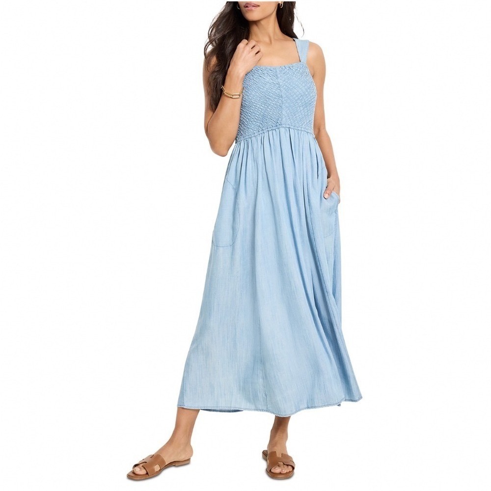 NIC+ZOE Petites Sarah Denim Dress Mid Wash Blue Smocked Tencel Midi XL NEW